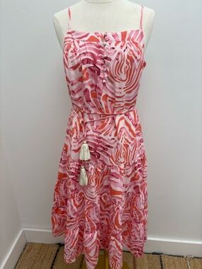 THML Pink and Coral Abstract Print Tiered Spaghetti-Strap Maxi Dress